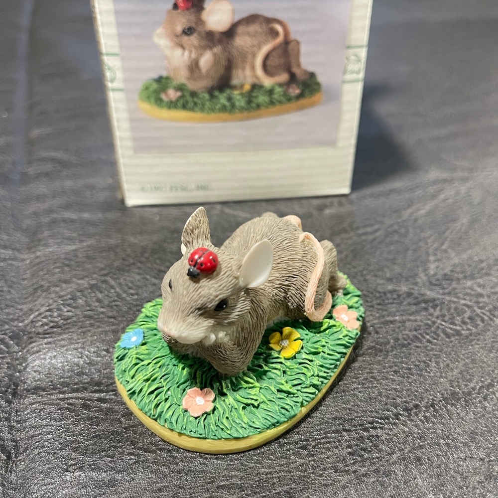 Adorable Mouse Figurine with Ladybug - Brown and Green